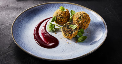 Kale, Chestnut and Mushroom Bonbons with Cherry Sauce - A plate of food on a table - Falafel